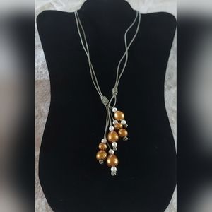 New Handmade Gold & White Pearl & Gray Leather 2-Way Necklace
